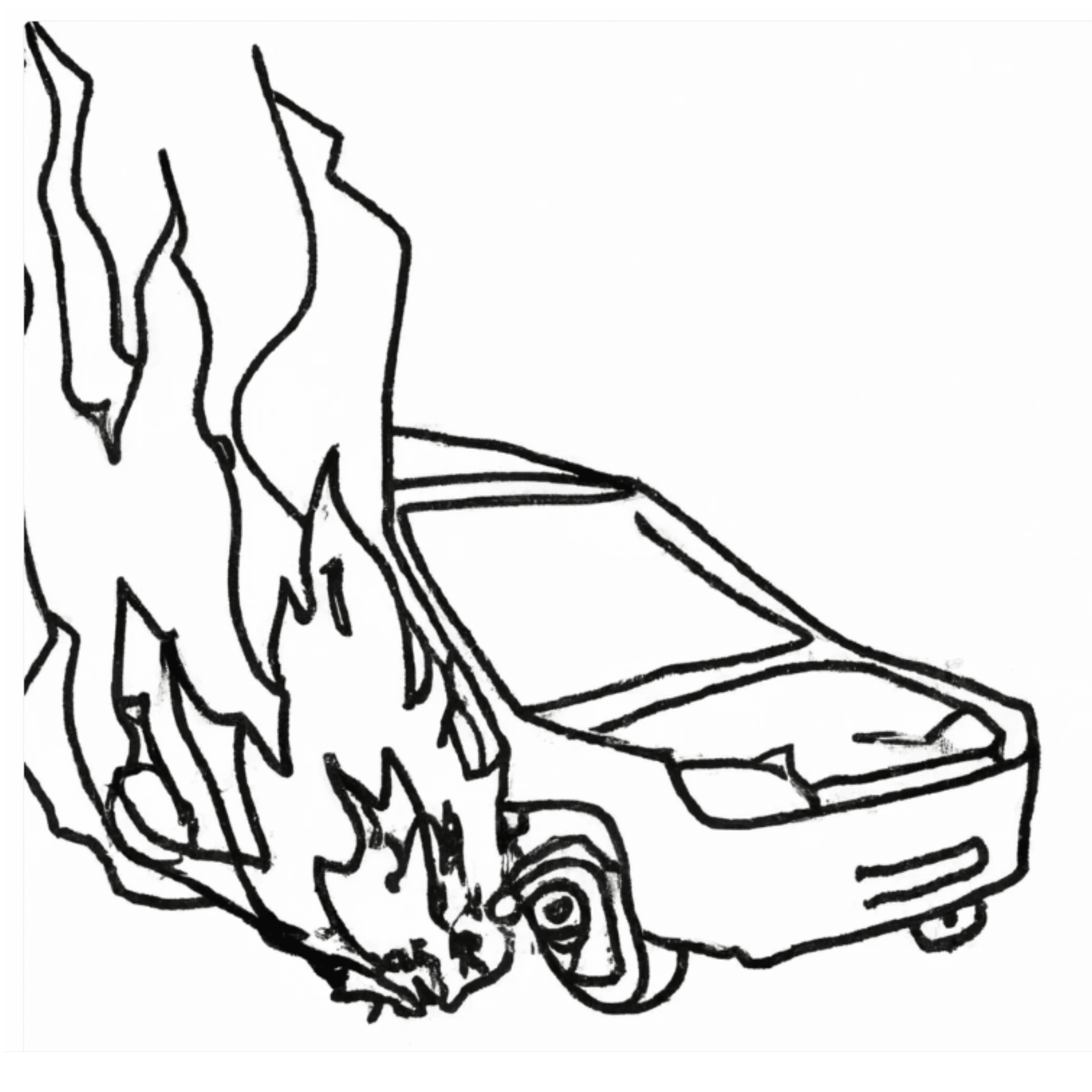 Line drawing of a burning car
